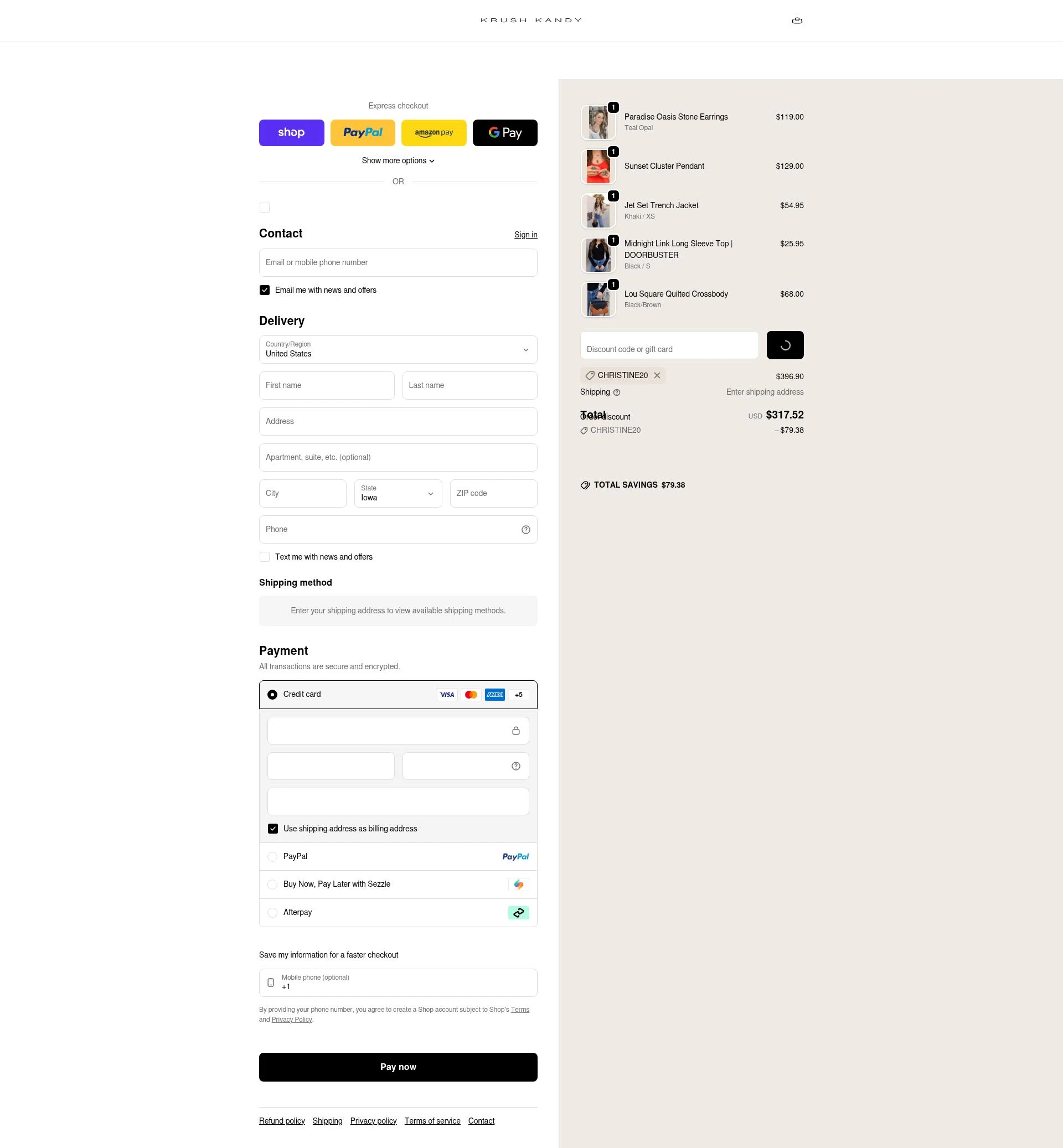Krush Kandy checkout page showing Krush Kandy coupon code box | Screenshot taken by SimplyCodes community member on Feb 20, 2026