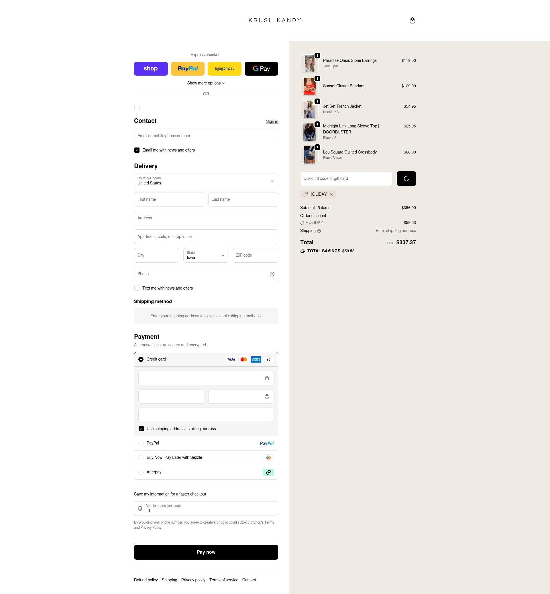 Krush Kandy checkout page showing Krush Kandy coupon code box | Screenshot taken by SimplyCodes community member on Feb 20, 2026
