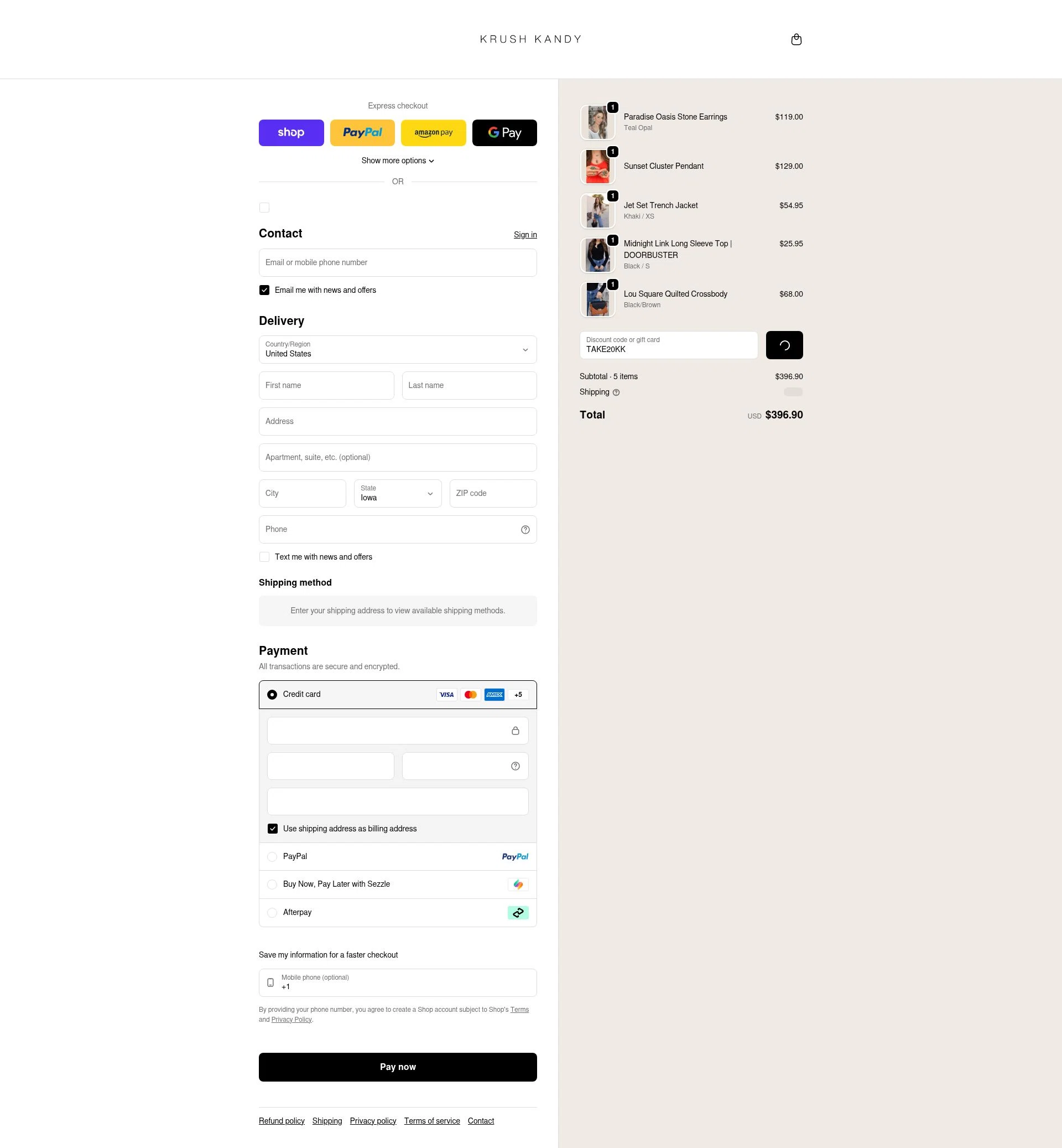 Krush Kandy checkout page showing Krush Kandy coupon code box | Screenshot taken by SimplyCodes community member on Feb 20, 2026