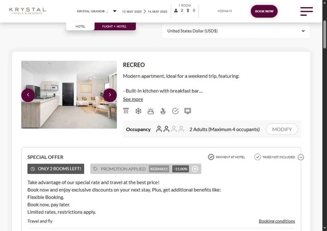 Krystal Hotels & Resorts checkout page showing Krystal Hotels & Resorts promo code box | Screenshot taken by SimplyCodes community member on May 13, 2025