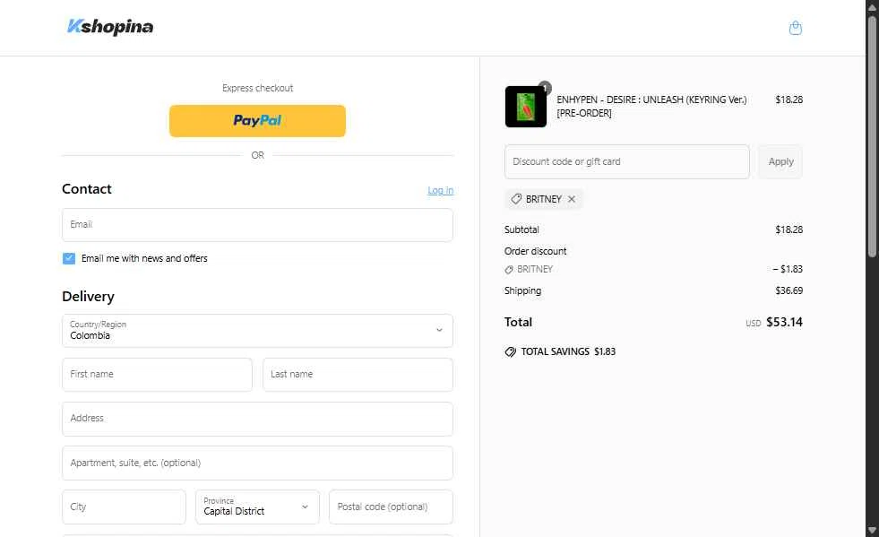 Kshopina checkout page showing Kshopina discount code box | Screenshot taken by SimplyCodes community member on May 26, 2025