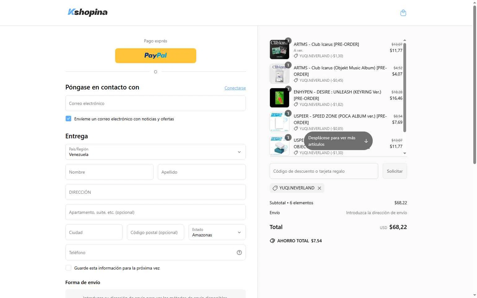 Kshopina checkout page showing Kshopina discount code box | Screenshot taken by SimplyCodes community member on May 26, 2025