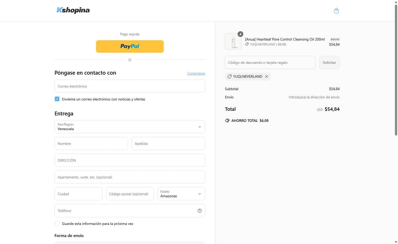 Kshopina checkout page showing Kshopina discount code box | Screenshot taken by SimplyCodes community member on May 26, 2025