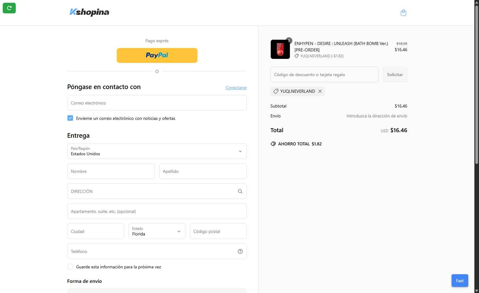 Kshopina checkout page showing Kshopina discount code box | Screenshot taken by SimplyCodes community member on May 26, 2025