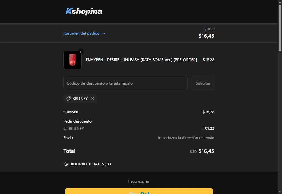 Kshopina checkout page showing Kshopina discount code box | Screenshot taken by SimplyCodes community member on May 26, 2025