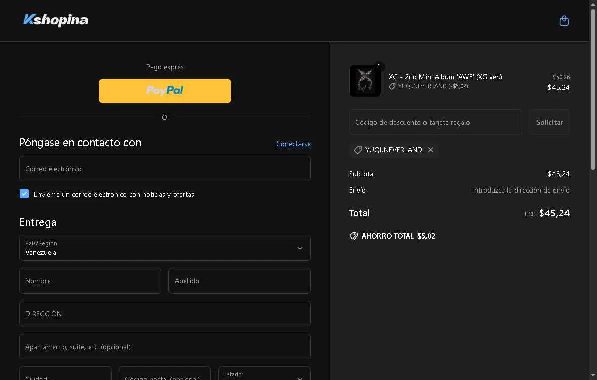 Kshopina checkout page showing Kshopina discount code box | Screenshot taken by SimplyCodes community member on May 26, 2025