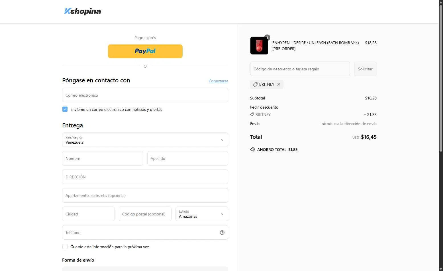 Kshopina checkout page showing Kshopina discount code box | Screenshot taken by SimplyCodes community member on May 26, 2025