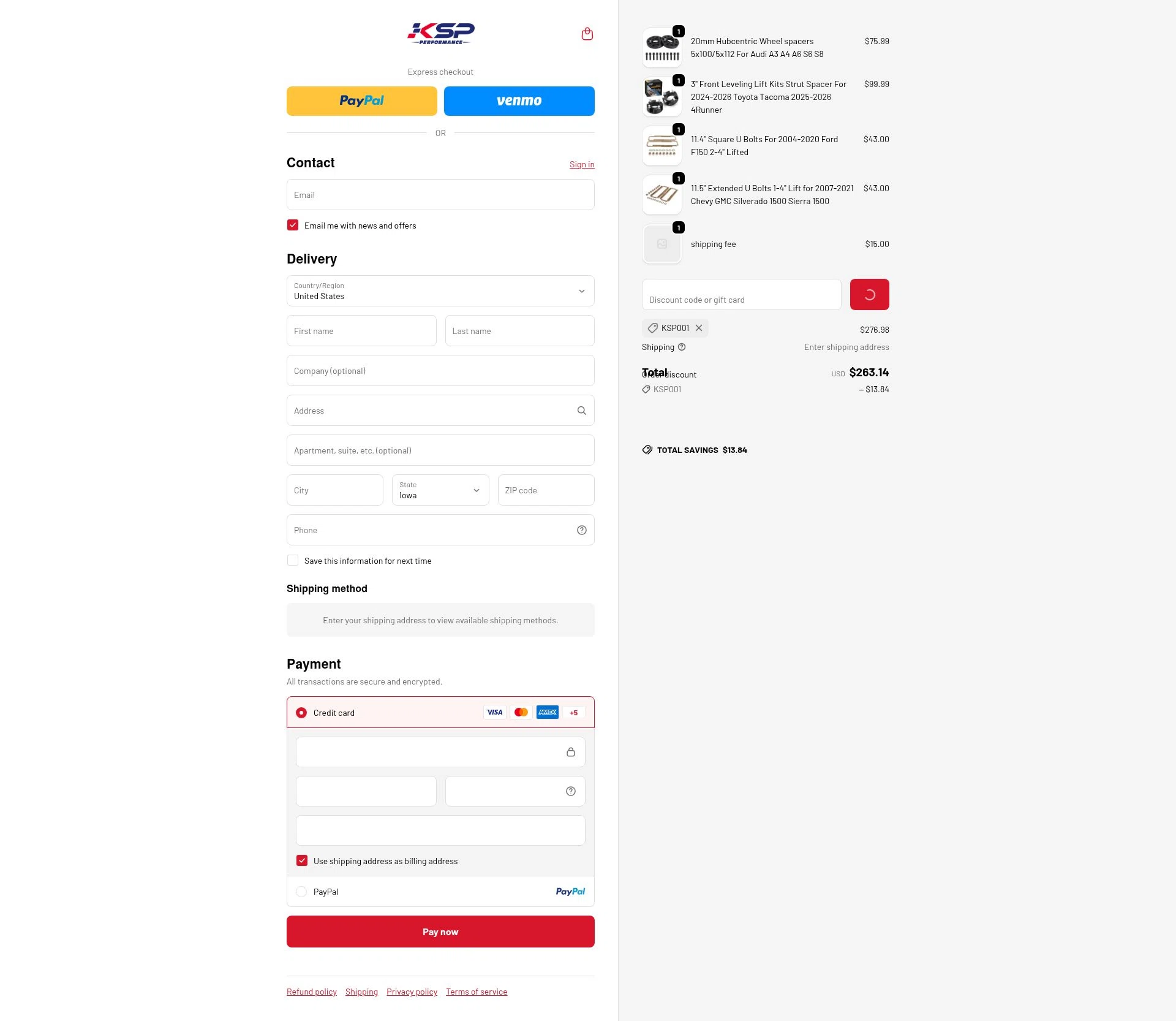 KSP performance checkout page showing KSP performance discount code box | Screenshot taken by SimplyCodes community member on Jan 13, 2026