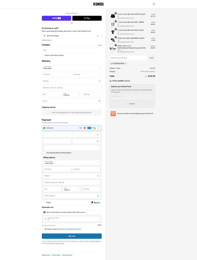 K-Swiss checkout page showing K-Swiss promo code box | Screenshot taken by SimplyCodes community member on Jun 22, 2025