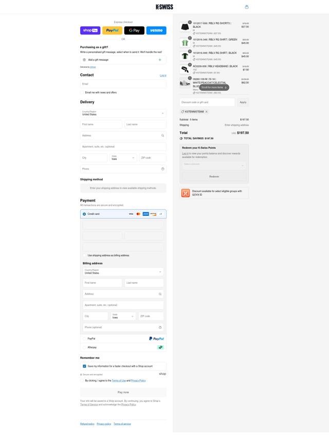 K-Swiss checkout page showing K-Swiss promo code box | Screenshot taken by SimplyCodes community member on Jul 10, 2025