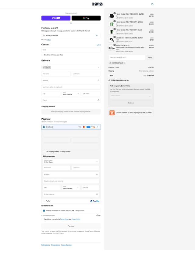 K-Swiss checkout page showing K-Swiss promo code box | Screenshot taken by SimplyCodes community member on Jun 15, 2025