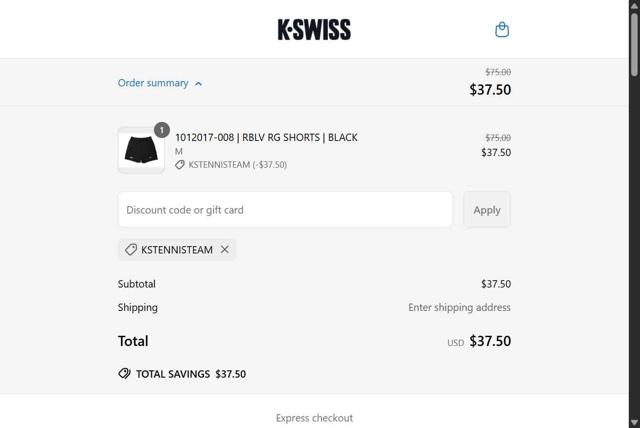 K-Swiss checkout page showing K-Swiss promo code box | Screenshot taken by SimplyCodes community member on Jun 27, 2025