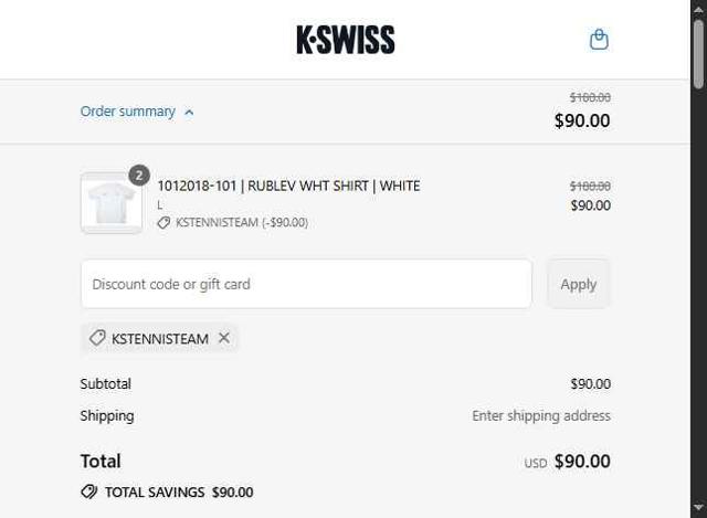 K-Swiss checkout page showing K-Swiss promo code box | Screenshot taken by SimplyCodes community member on Jul 4, 2025