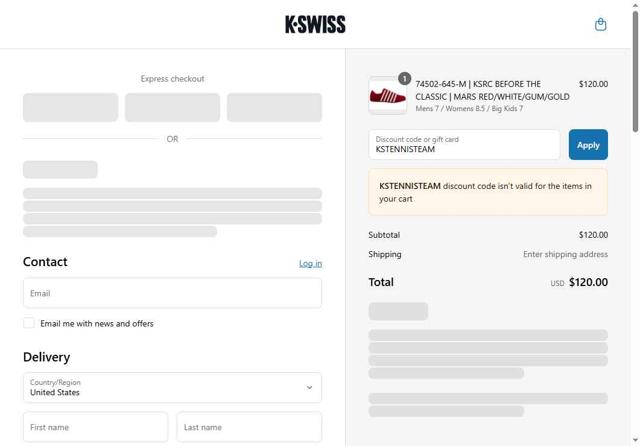 K-Swiss checkout page showing K-Swiss promo code box | Screenshot taken by SimplyCodes community member on Jul 13, 2025