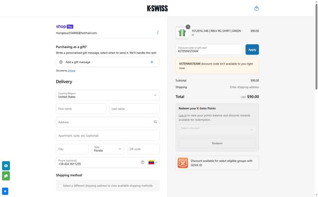 K-Swiss checkout page showing K-Swiss promo code box | Screenshot taken by SimplyCodes community member on Jun 27, 2025