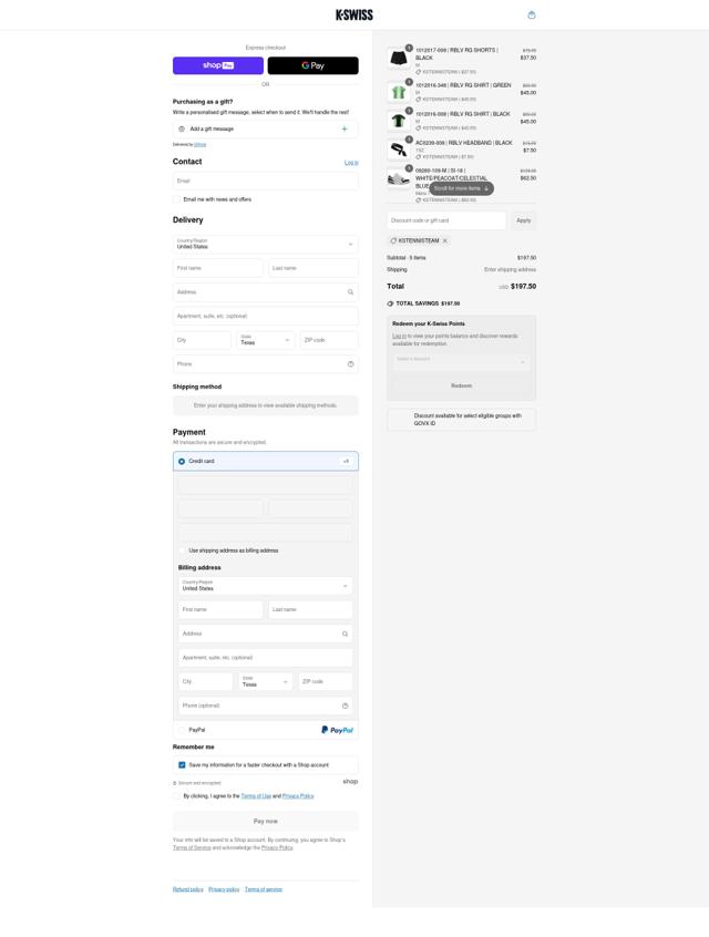K-Swiss checkout page showing K-Swiss promo code box | Screenshot taken by SimplyCodes community member on Jun 26, 2025