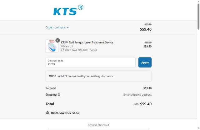 KTS Light Therapy checkout page showing KTS Light Therapy promo code box | Screenshot taken by SimplyCodes community member on Jun 4, 2025