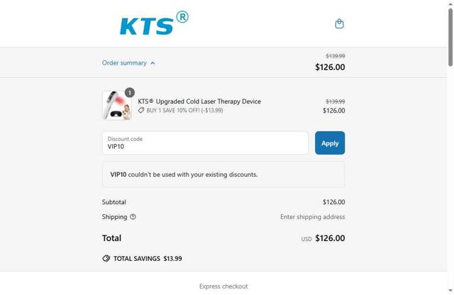 KTS Light Therapy checkout page showing KTS Light Therapy promo code box | Screenshot taken by SimplyCodes community member on Jun 4, 2025