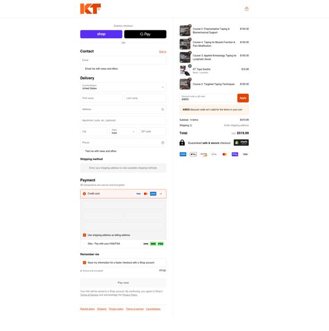 KT Tape checkout page showing KT Tape discount code box | Screenshot taken by SimplyCodes community member on Sep 10, 2025