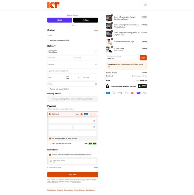 KT Tape checkout page showing KT Tape discount code box | Screenshot taken by SimplyCodes community member on Sep 7, 2025