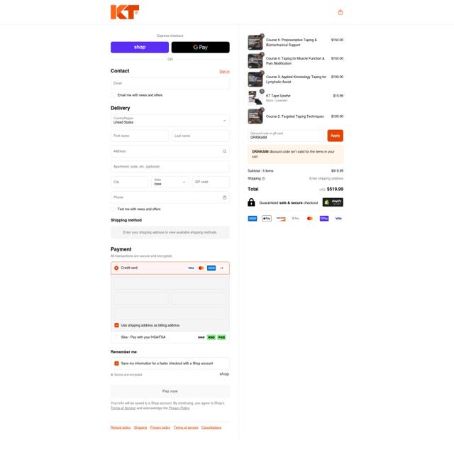 KT Tape checkout page showing KT Tape discount code box | Screenshot taken by SimplyCodes community member on Sep 10, 2025