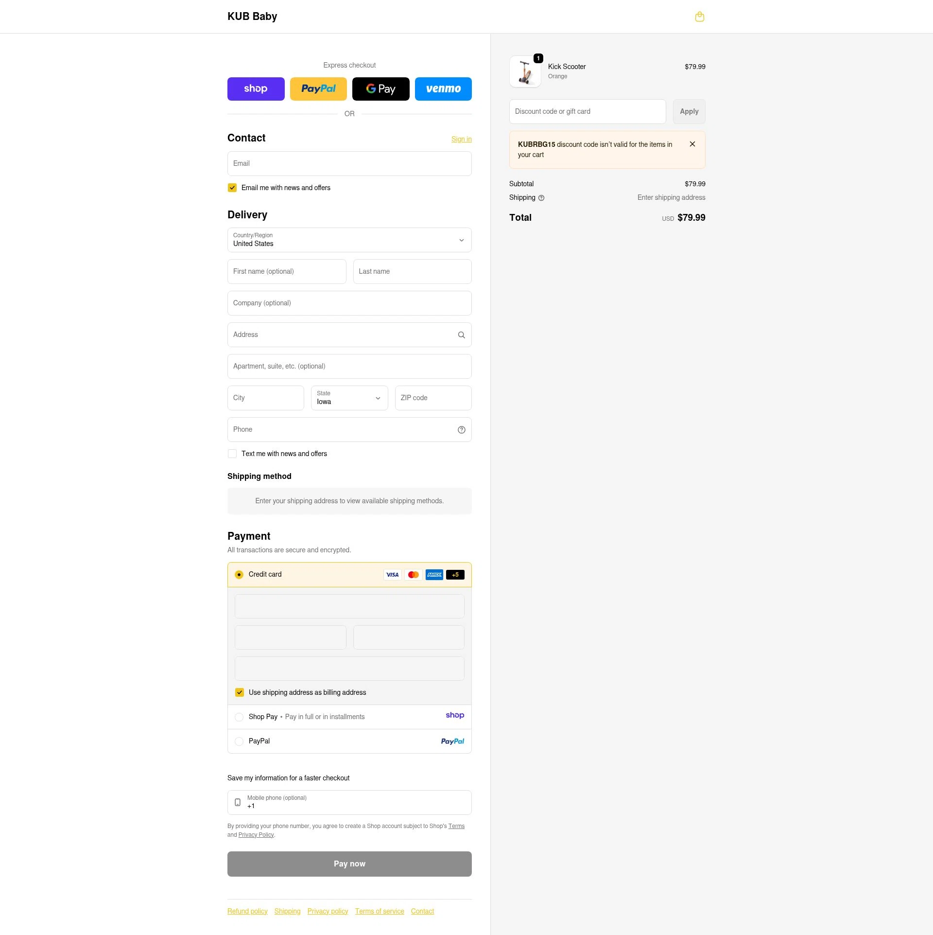 KUB Baby checkout page showing KUB Baby promo code box | Screenshot taken by SimplyCodes community member on Jan 8, 2026