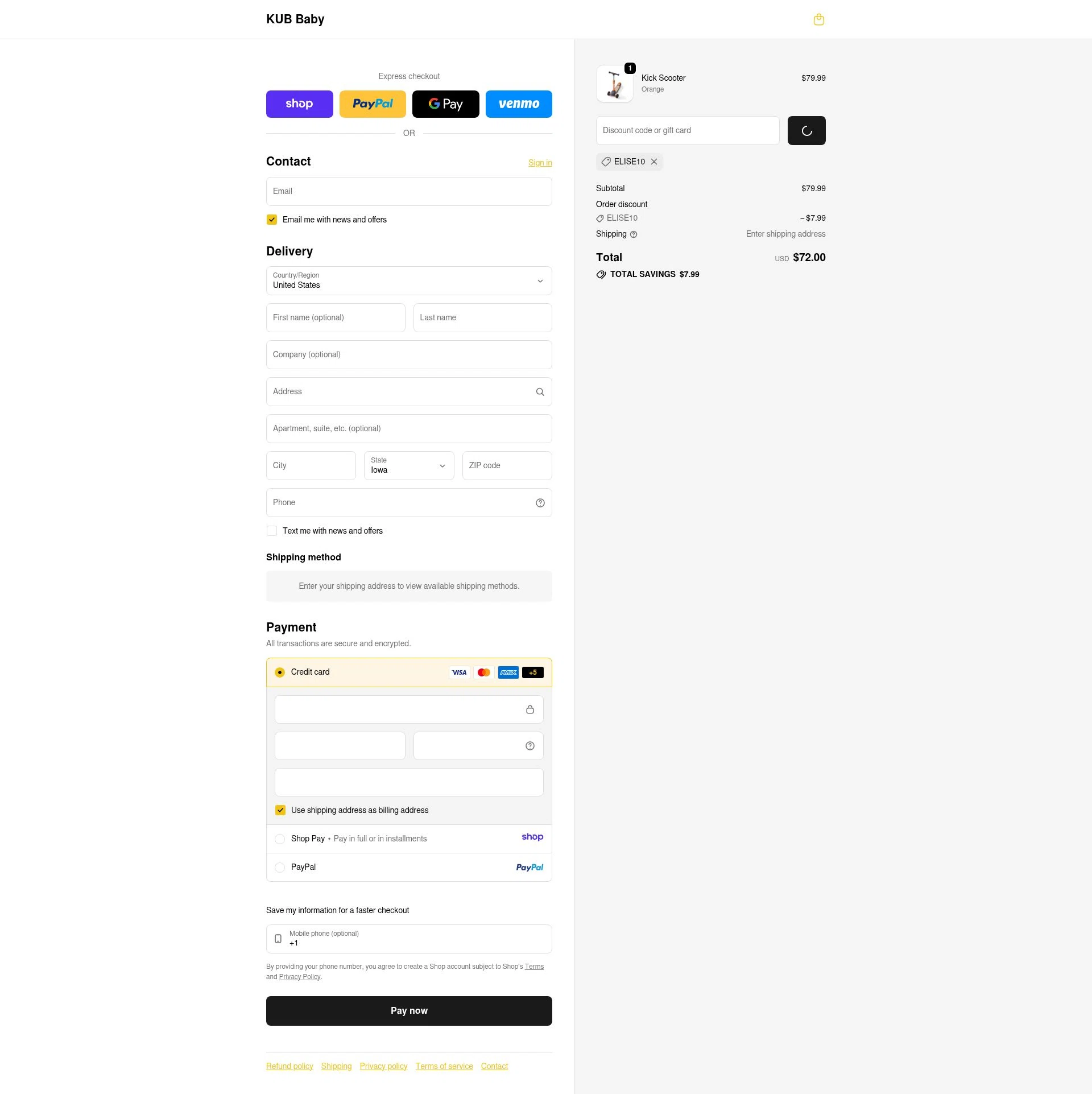 KUB Baby checkout page showing KUB Baby promo code box | Screenshot taken by SimplyCodes community member on Jan 8, 2026