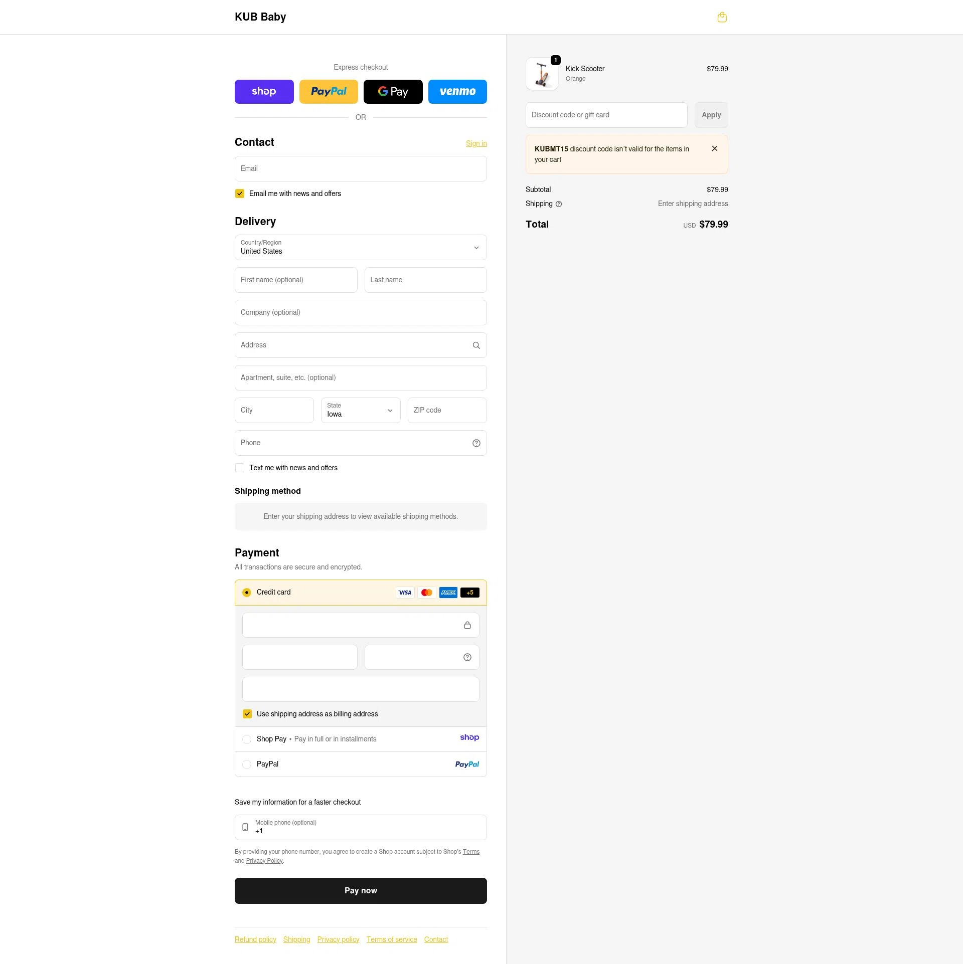 KUB Baby checkout page showing KUB Baby promo code box | Screenshot taken by SimplyCodes community member on Jan 8, 2026