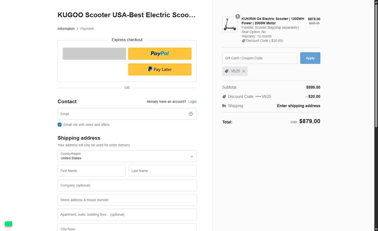 KUGOO Scooter USA checkout page showing KUGOO Scooter USA promo code box | Screenshot taken by SimplyCodes community member on Aug 18, 2025