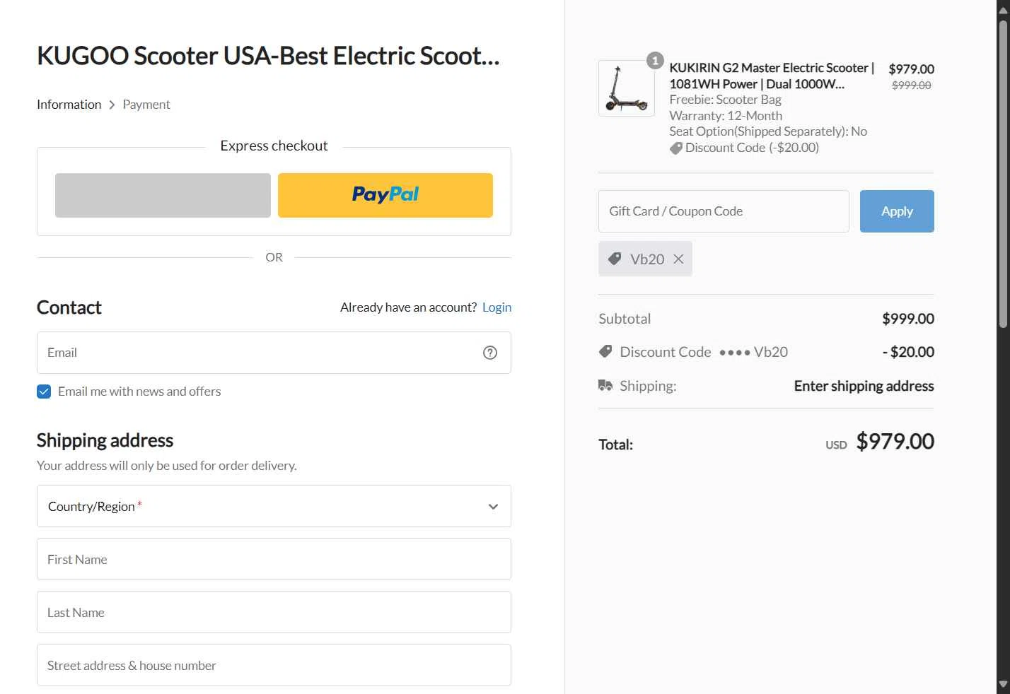 KUGOO Scooter USA checkout page showing KUGOO Scooter USA promo code box | Screenshot taken by SimplyCodes community member on Oct 29, 2025