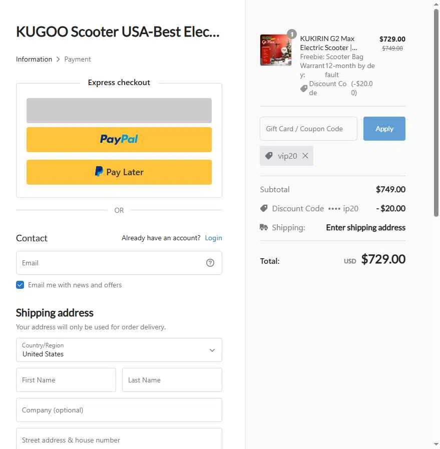 KUGOO Scooter USA checkout page showing KUGOO Scooter USA promo code box | Screenshot taken by SimplyCodes community member on Jan 5, 2026