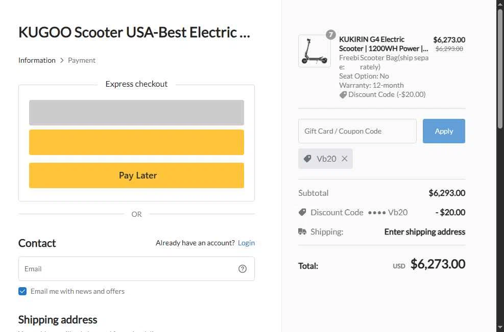 KUGOO Scooter USA checkout page showing KUGOO Scooter USA promo code box | Screenshot taken by SimplyCodes community member on Sep 30, 2025