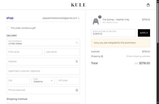 Kule checkout page showing Kule coupon code box | Screenshot taken by SimplyCodes community member on Sep 13, 2025