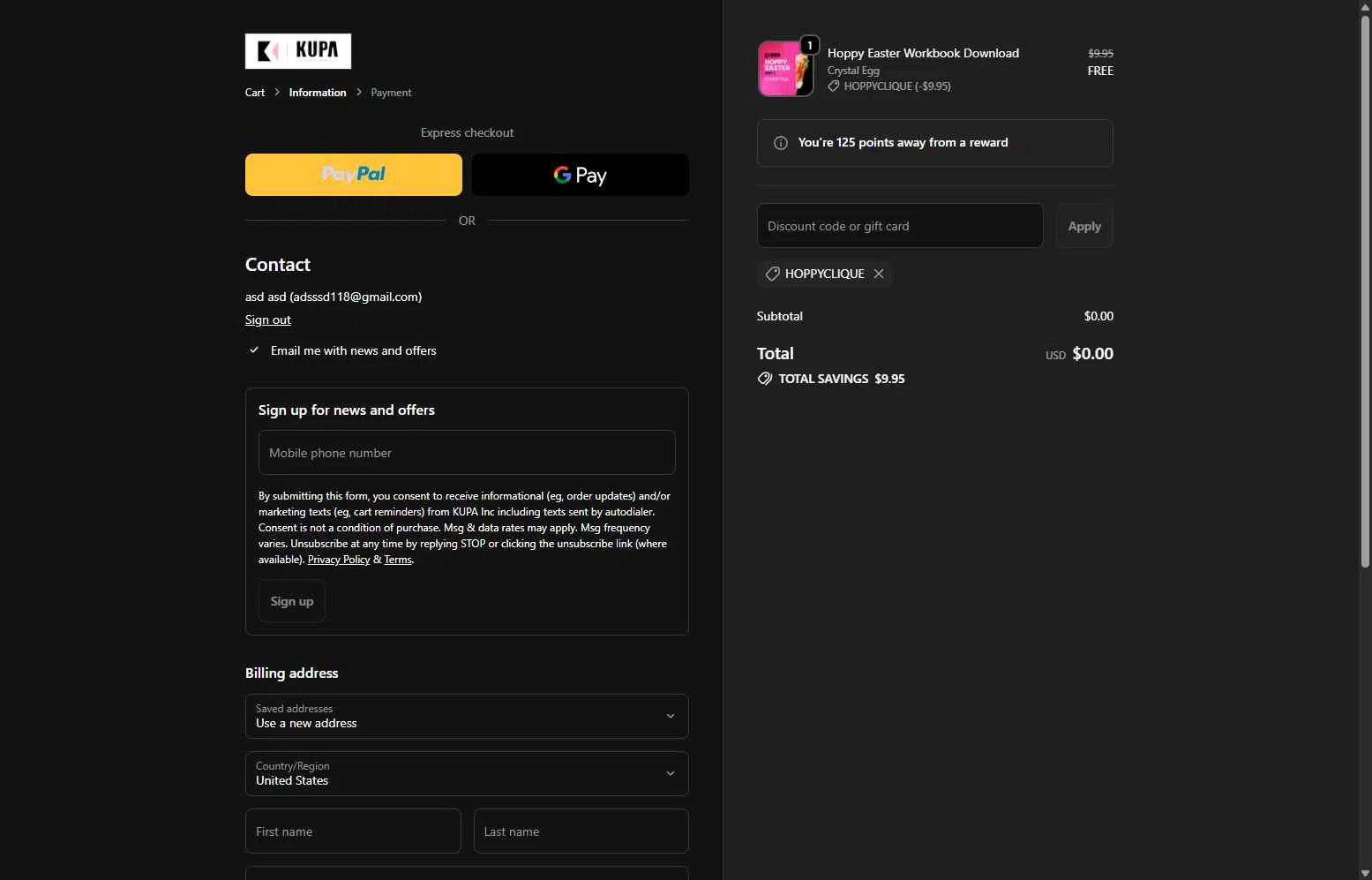 Kupa Inc checkout page showing Kupa Inc promo code box | Screenshot taken by SimplyCodes community member on Jan 21, 2026