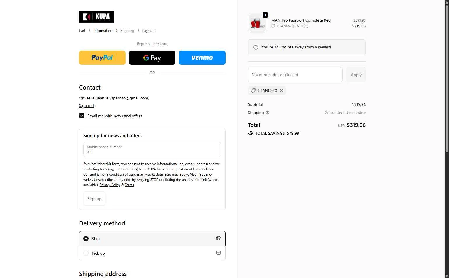 Kupa Inc checkout page showing Kupa Inc promo code box | Screenshot taken by SimplyCodes community member on Jan 27, 2026