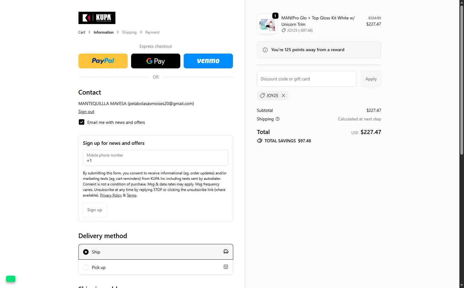 Kupa Inc checkout page showing Kupa Inc promo code box | Screenshot taken by SimplyCodes community member on Dec 28, 2025
