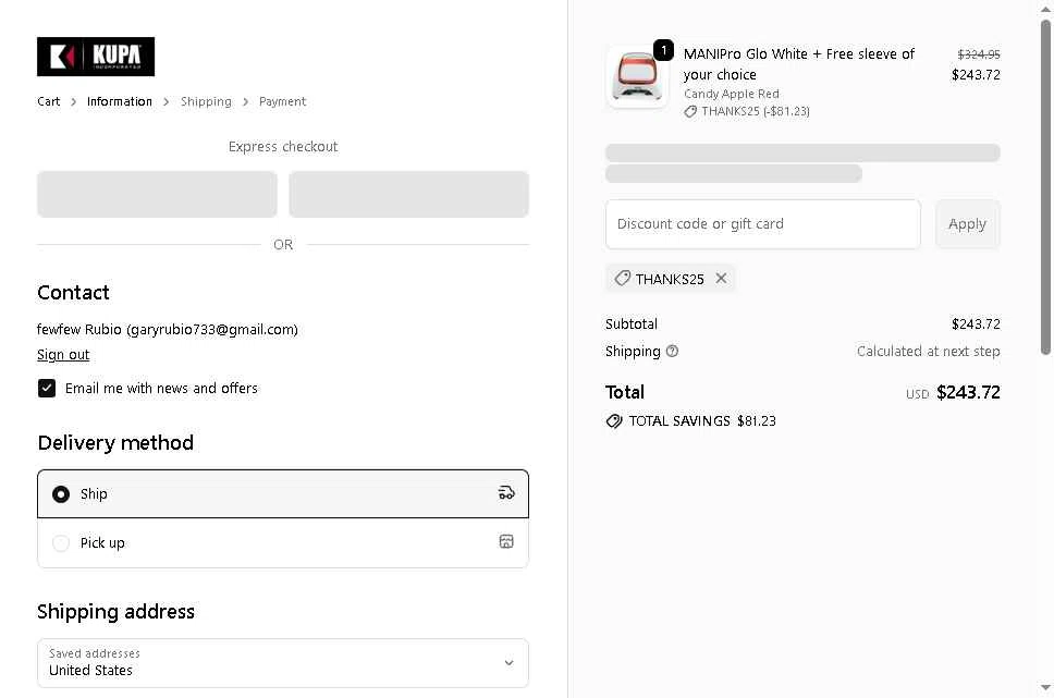 Kupa Inc checkout page showing Kupa Inc promo code box | Screenshot taken by SimplyCodes community member on Feb 7, 2026
