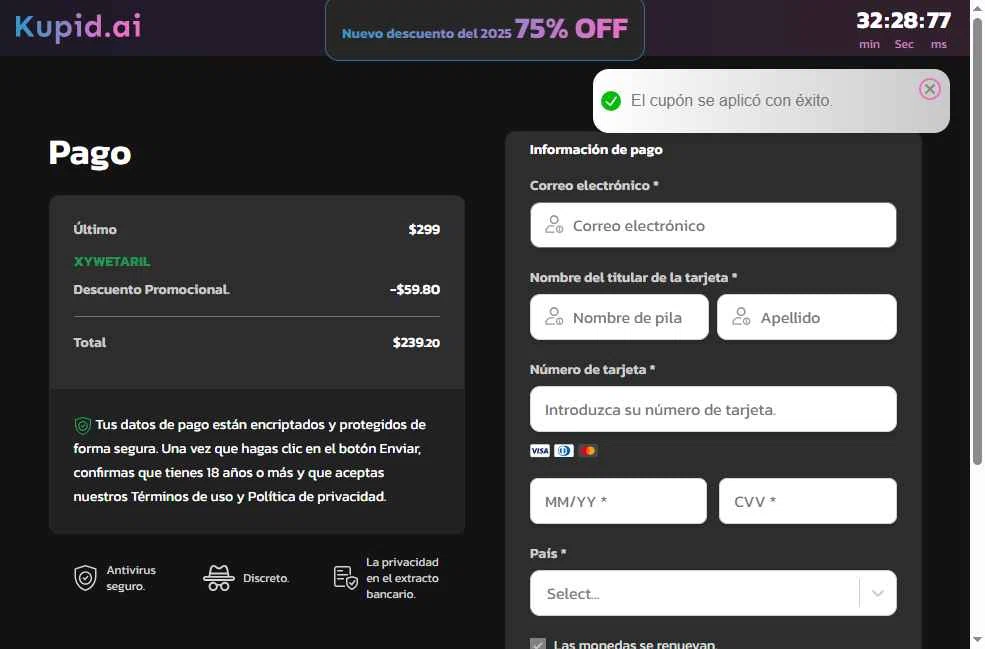 Kupid AI checkout page showing Kupid AI promo code box | Screenshot taken by SimplyCodes community member on Jan 19, 2026
