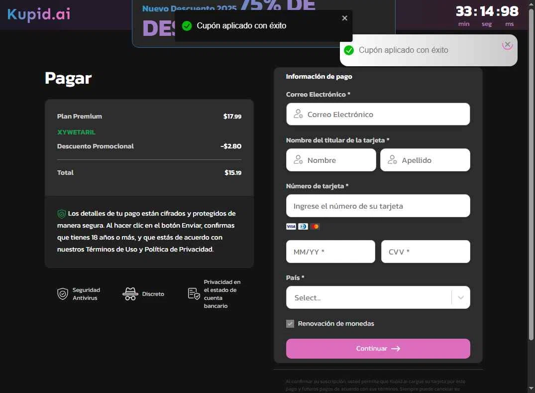 Kupid AI checkout page showing Kupid AI promo code box | Screenshot taken by SimplyCodes community member on Aug 25, 2025
