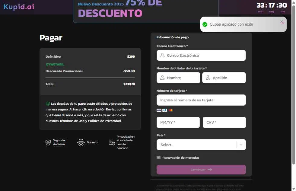 Kupid AI checkout page showing Kupid AI promo code box | Screenshot taken by SimplyCodes community member on Oct 31, 2025