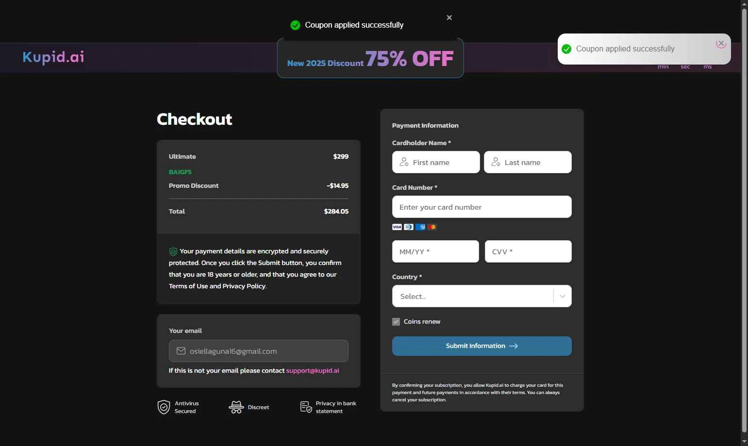 Kupid AI checkout page showing Kupid AI promo code box | Screenshot taken by SimplyCodes community member on Apr 30, 2025