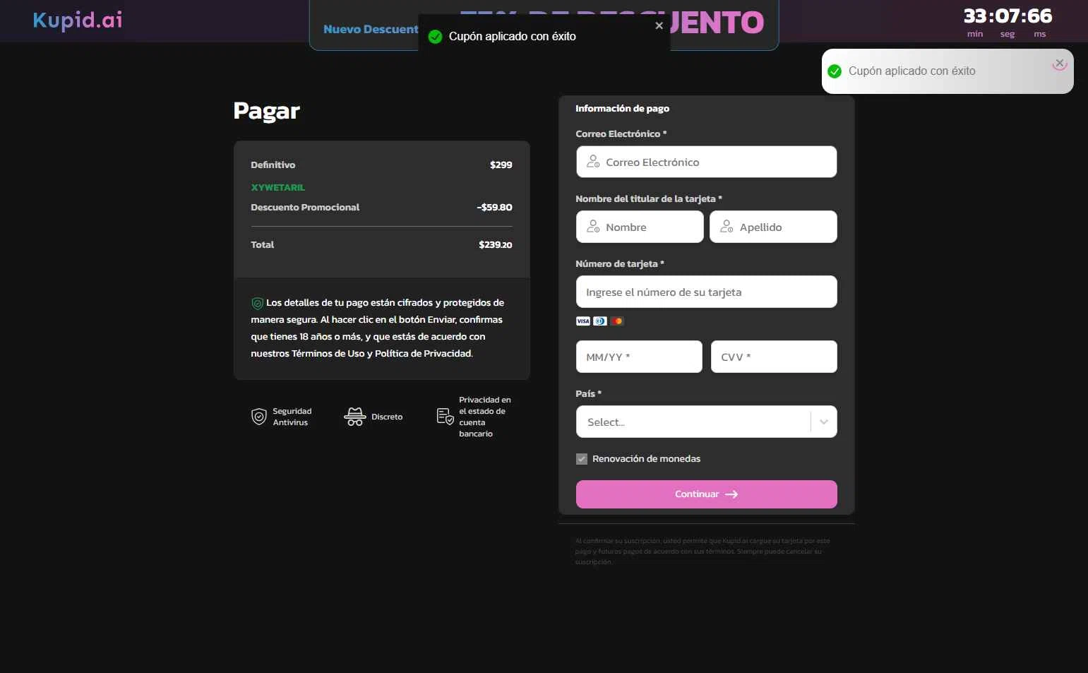Kupid AI checkout page showing Kupid AI promo code box | Screenshot taken by SimplyCodes community member on Oct 13, 2025