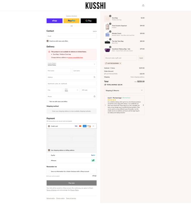 Kusshi checkout page showing Kusshi promo code box | Screenshot taken by SimplyCodes community member on Sep 6, 2025