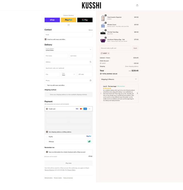 Kusshi checkout page showing Kusshi promo code box | Screenshot taken by SimplyCodes community member on Sep 10, 2025
