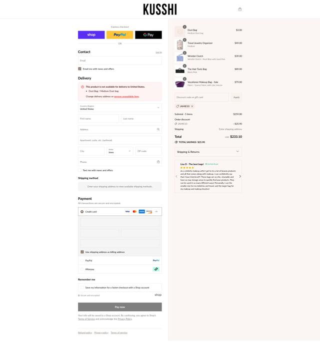 Kusshi checkout page showing Kusshi promo code box | Screenshot taken by SimplyCodes community member on Sep 6, 2025