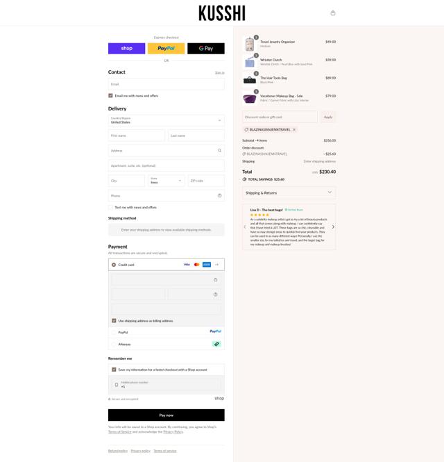 Kusshi checkout page showing Kusshi promo code box | Screenshot taken by SimplyCodes community member on Sep 10, 2025