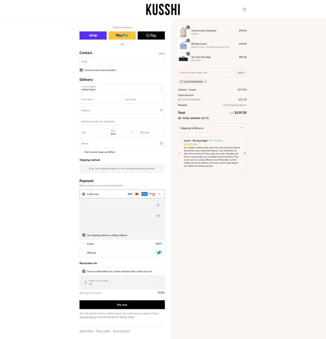 Kusshi checkout page showing Kusshi promo code box | Screenshot taken by SimplyCodes community member on Sep 2, 2025