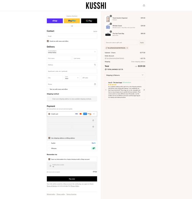 Kusshi checkout page showing Kusshi promo code box | Screenshot taken by SimplyCodes community member on Sep 2, 2025