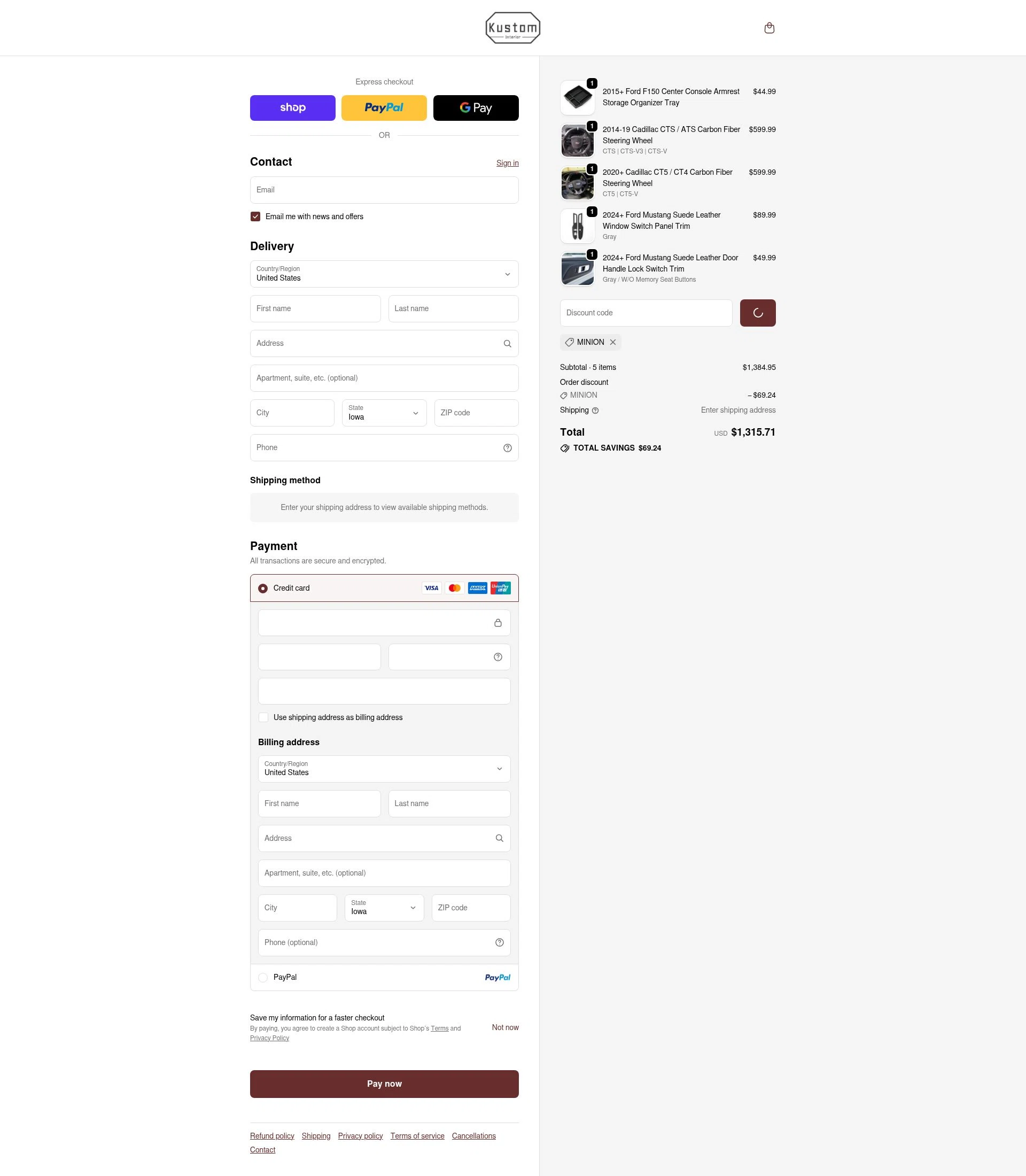 Kustom Interior checkout page showing Kustom Interior discount code box | Screenshot taken by SimplyCodes community member on Feb 19, 2026