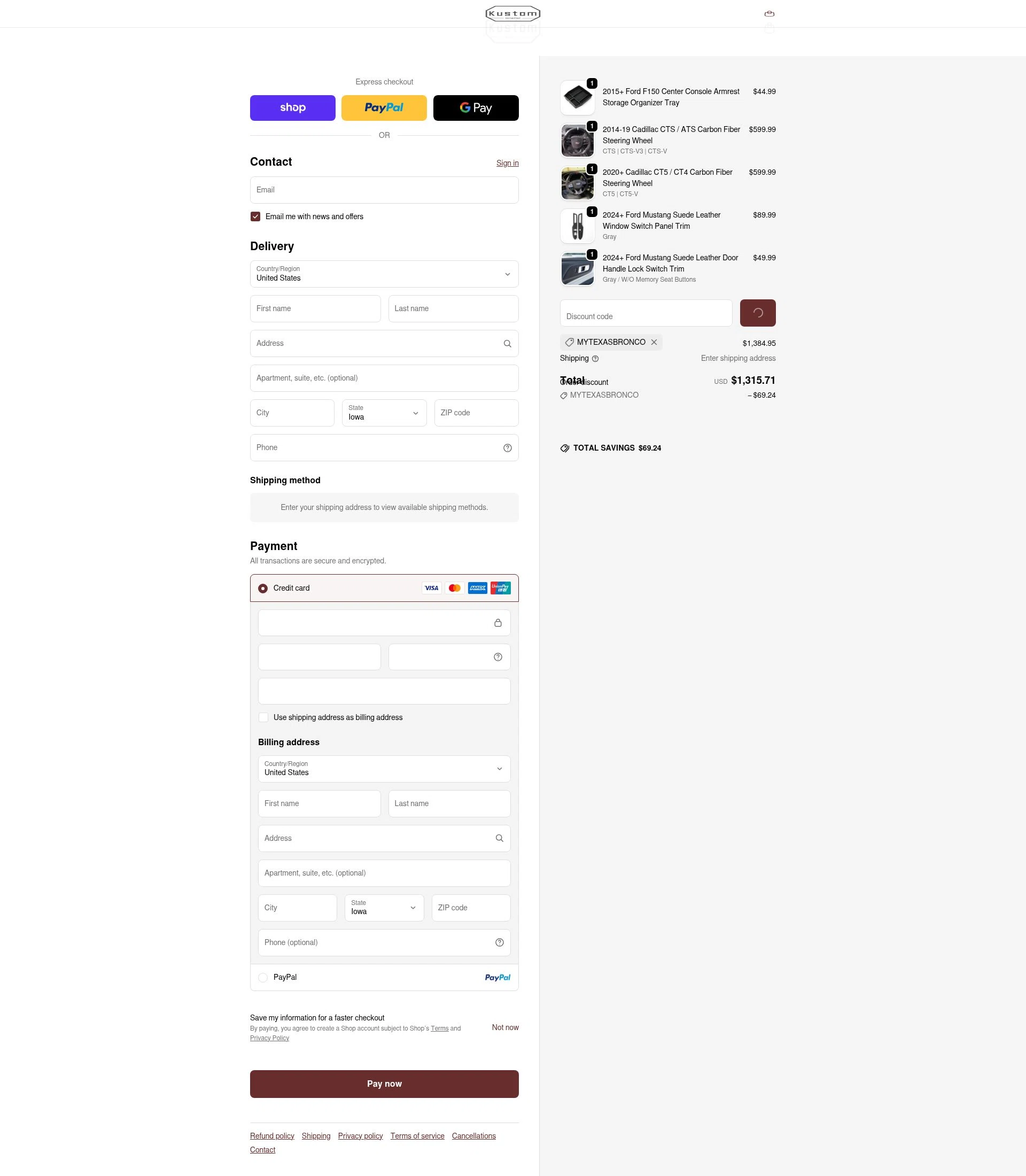 Kustom Interior checkout page showing Kustom Interior discount code box | Screenshot taken by SimplyCodes community member on Feb 19, 2026